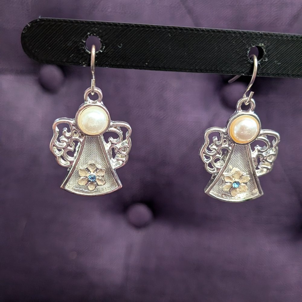 Elegant Silver Angel Earrings with Pearl Accents